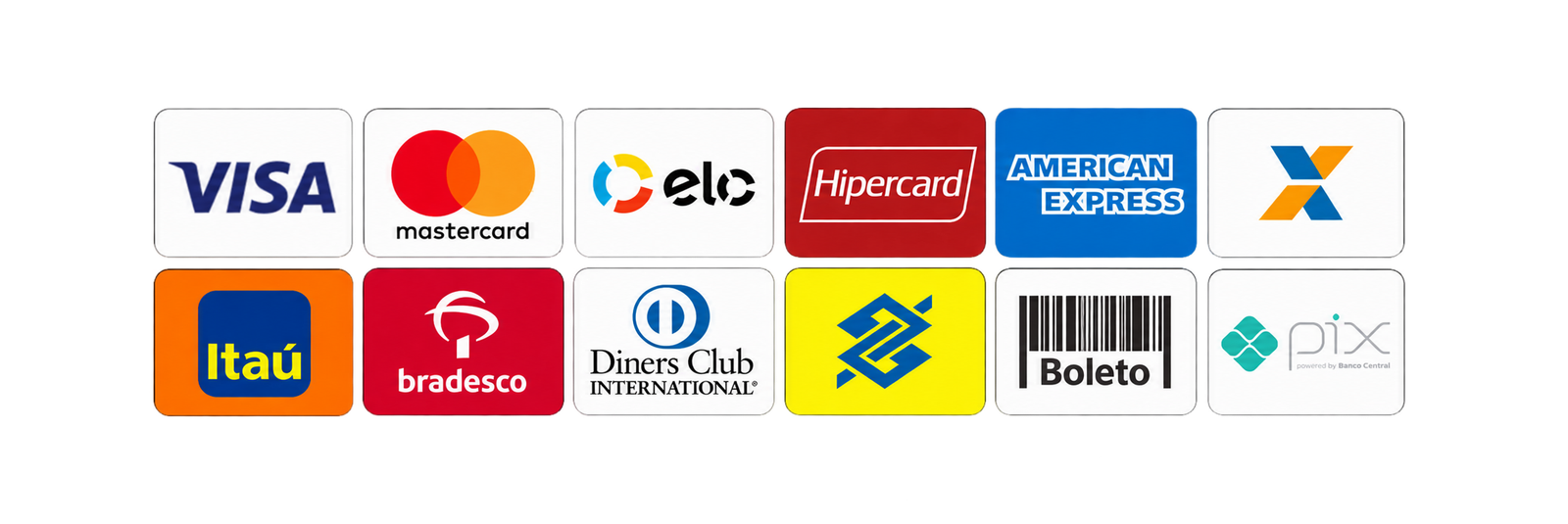 Formas de pagamento aceitas: Visa, Mastercard, Elo, Hipercard, American Express, Caixa, Itaú, Bradesco, Diners Club, Banco do Brasil, boleto e Pix